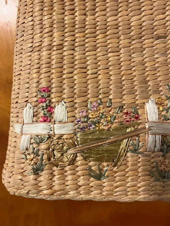 Vintage Straw Tote with Embroidered Garden Motif - Natural, Blue, Pink - Picture 6 of 7